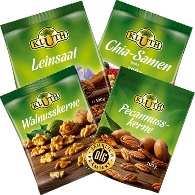KLUTH Beutel Walsnüsse , Pecannusskerne, Leinsaat und Chia-Samen