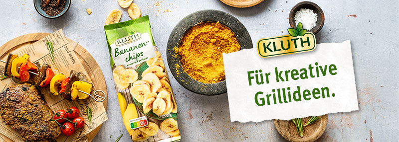 KLUTH für creative Griller Bild mit Grillgut und einer Tüte Bananenchips